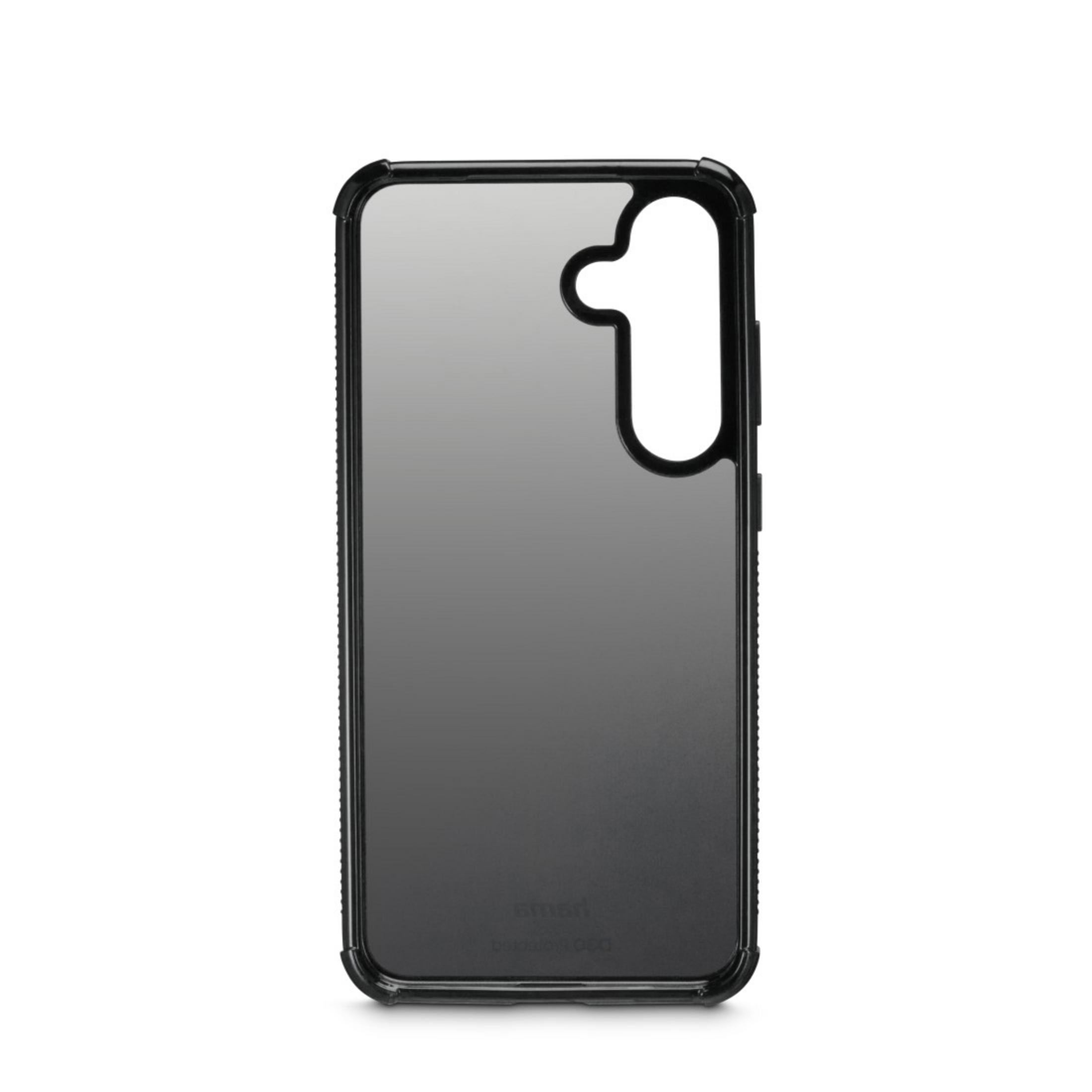 Custodia per telefono nera con retro trasparente. La custodia ha una cornice nera.