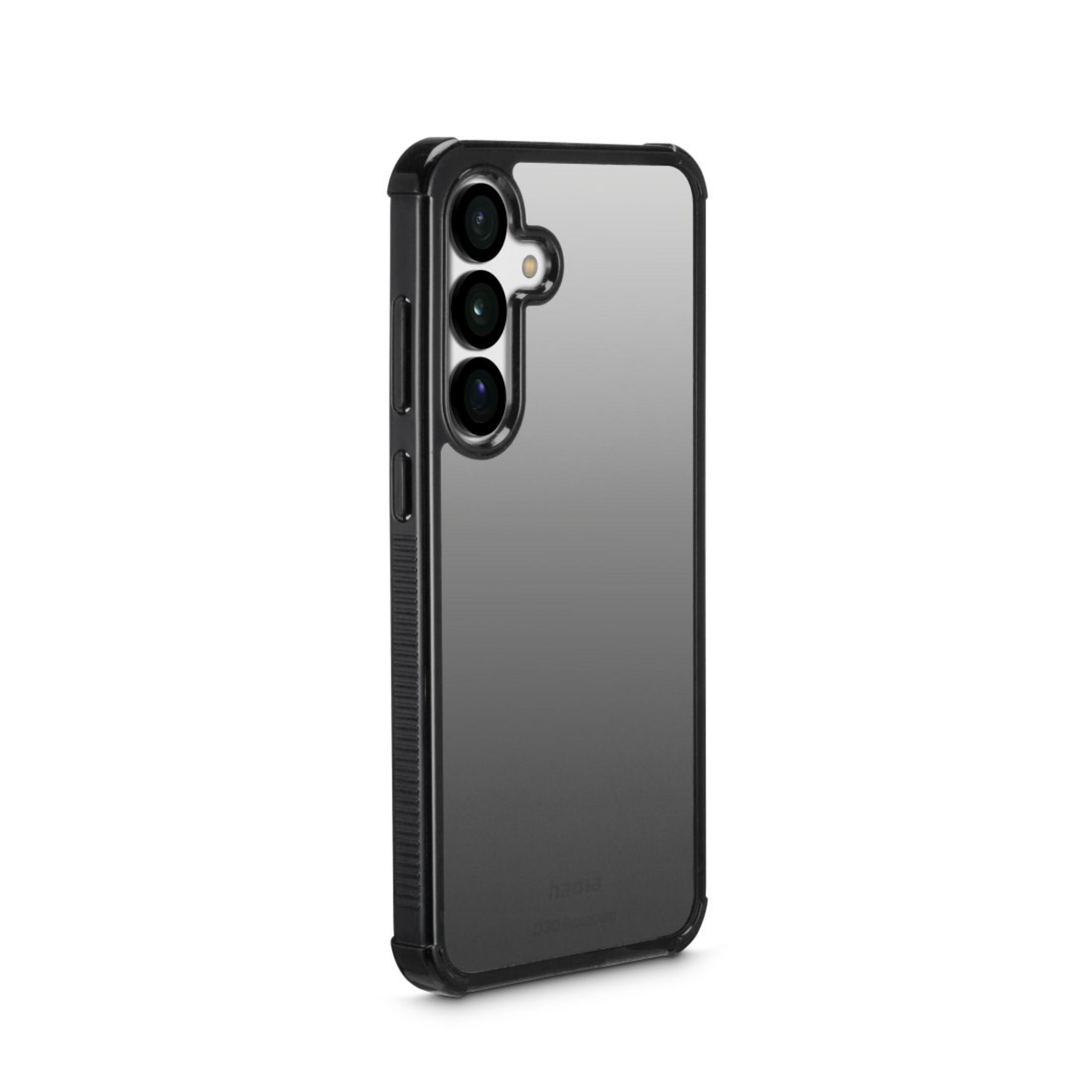 Un telefono in una custodia nera e grigia. La custodia è parzialmente trasparente. Il telefono è visibile.