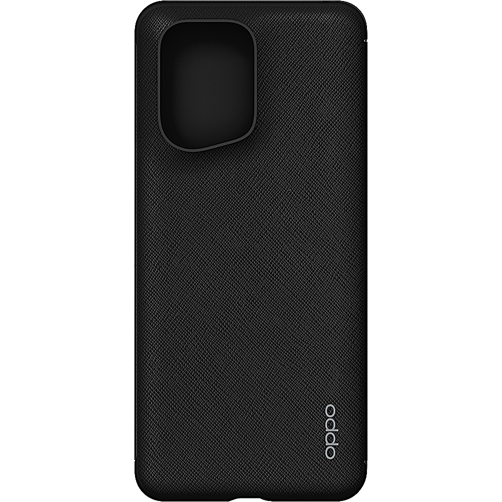 Custodia per telefono nera con sporgenza per la fotocamera. La custodia ha una trama liscia e il logo è bianco.