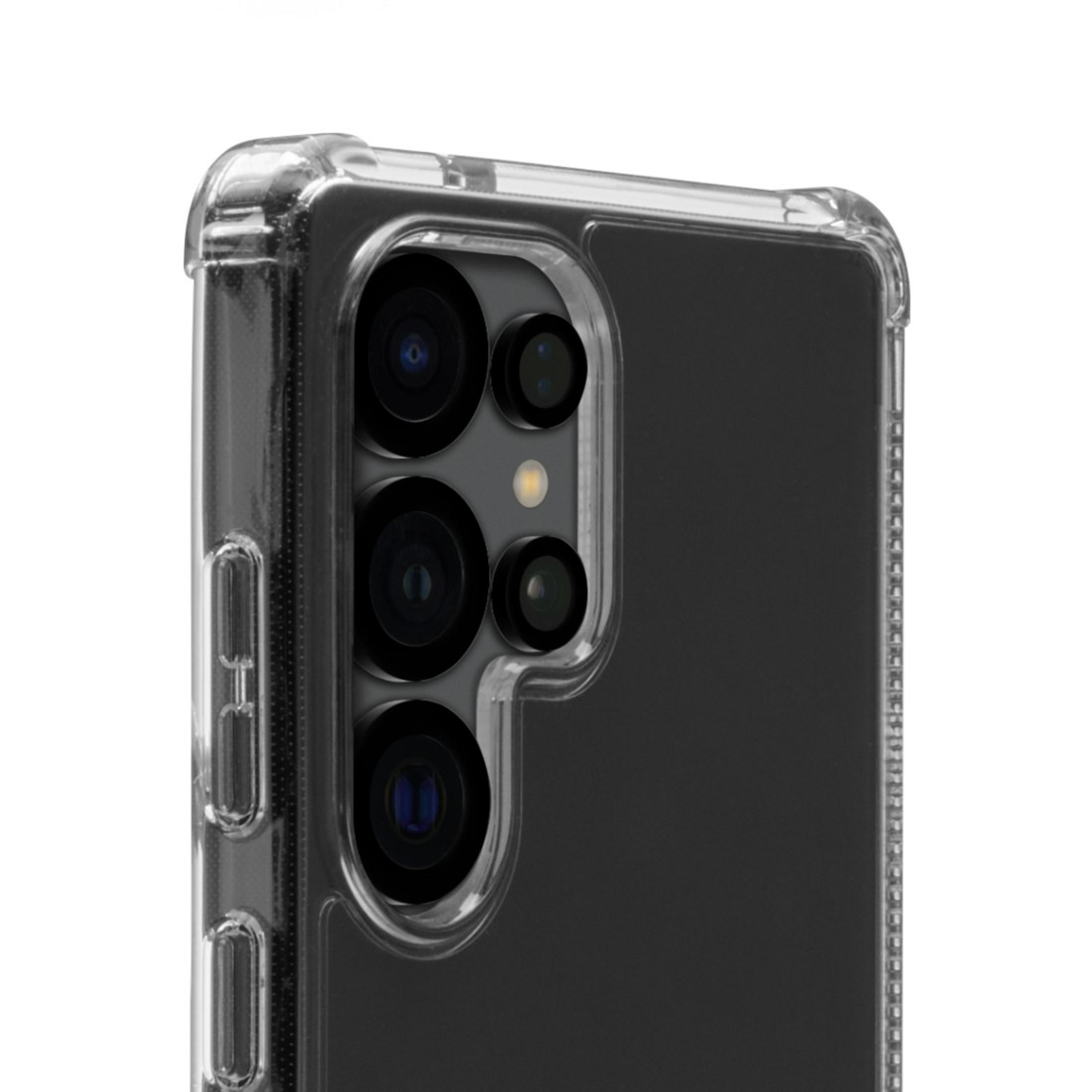 Una custodia trasparente per telefono con una grande configurazione della fotocamera su sfondo nero. La custodia è trasparente.