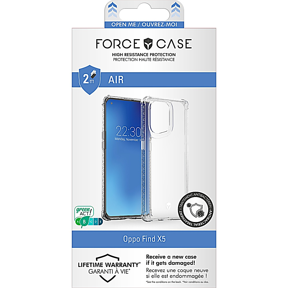 Weiße Box mit Handyhülle und Telefon darin. Der Telefonbildschirm zeigt eine Uhrzeit an. Die Hülle ist transparent.
