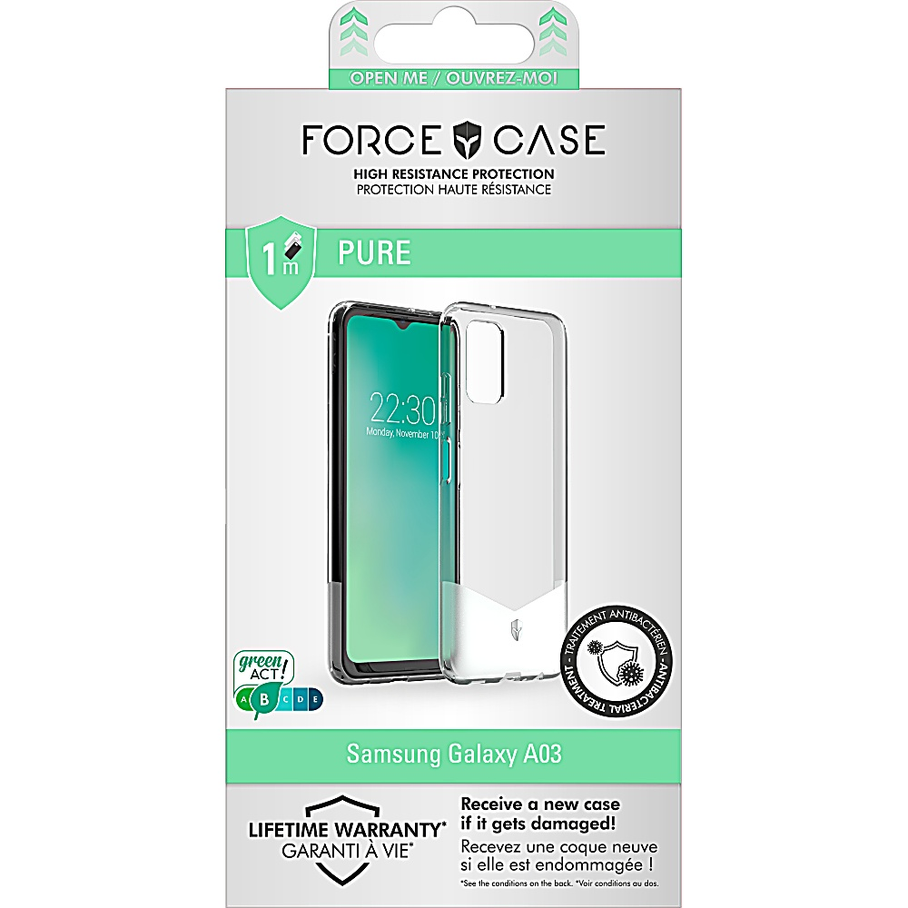 Confezione custodia per telefono con custodia trasparente all'interno. Design verde e bianco. Trattamento antibatterico.