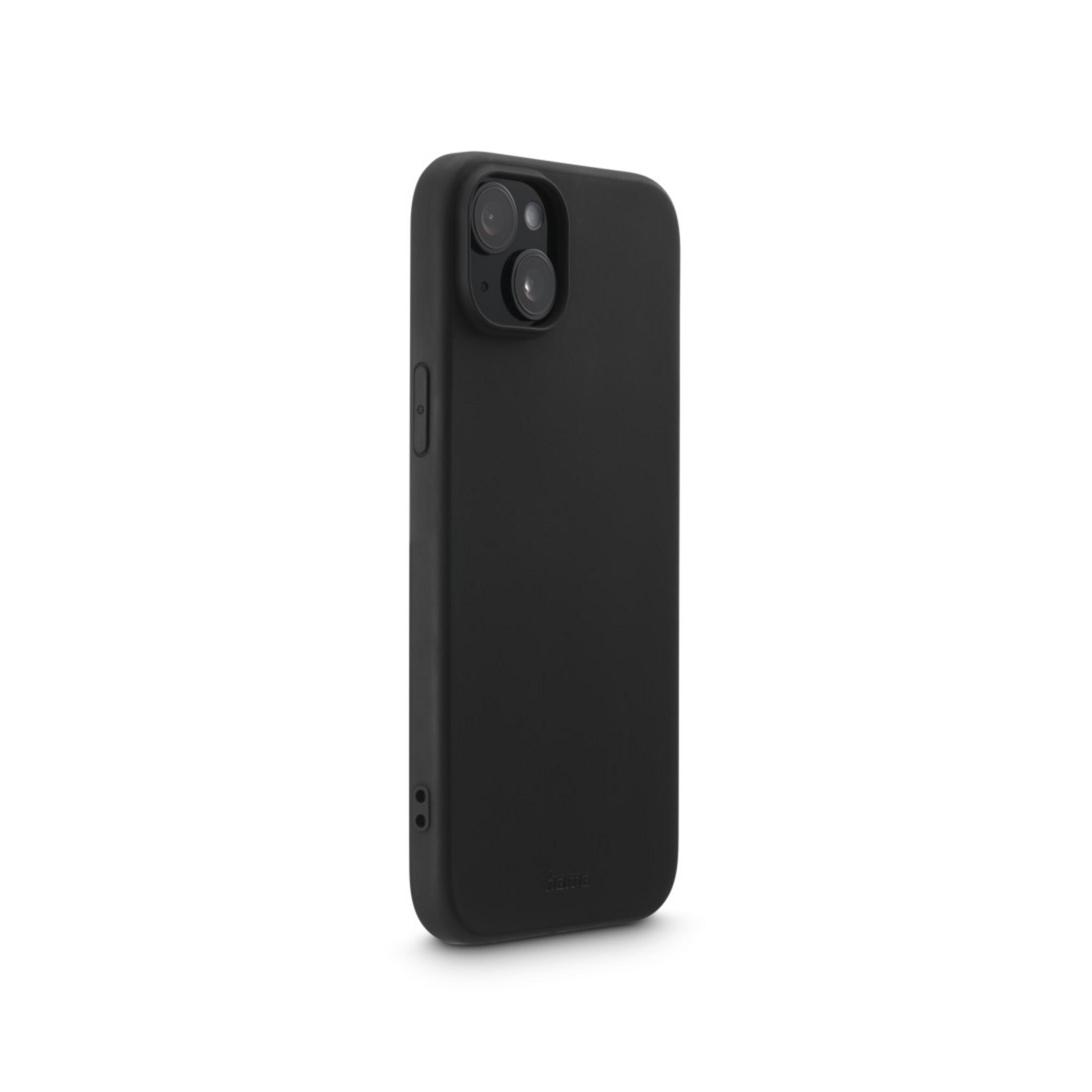Custodia nera per telefono con ritaglio per la fotocamera. La custodia ha una superficie liscia e un design elegante.