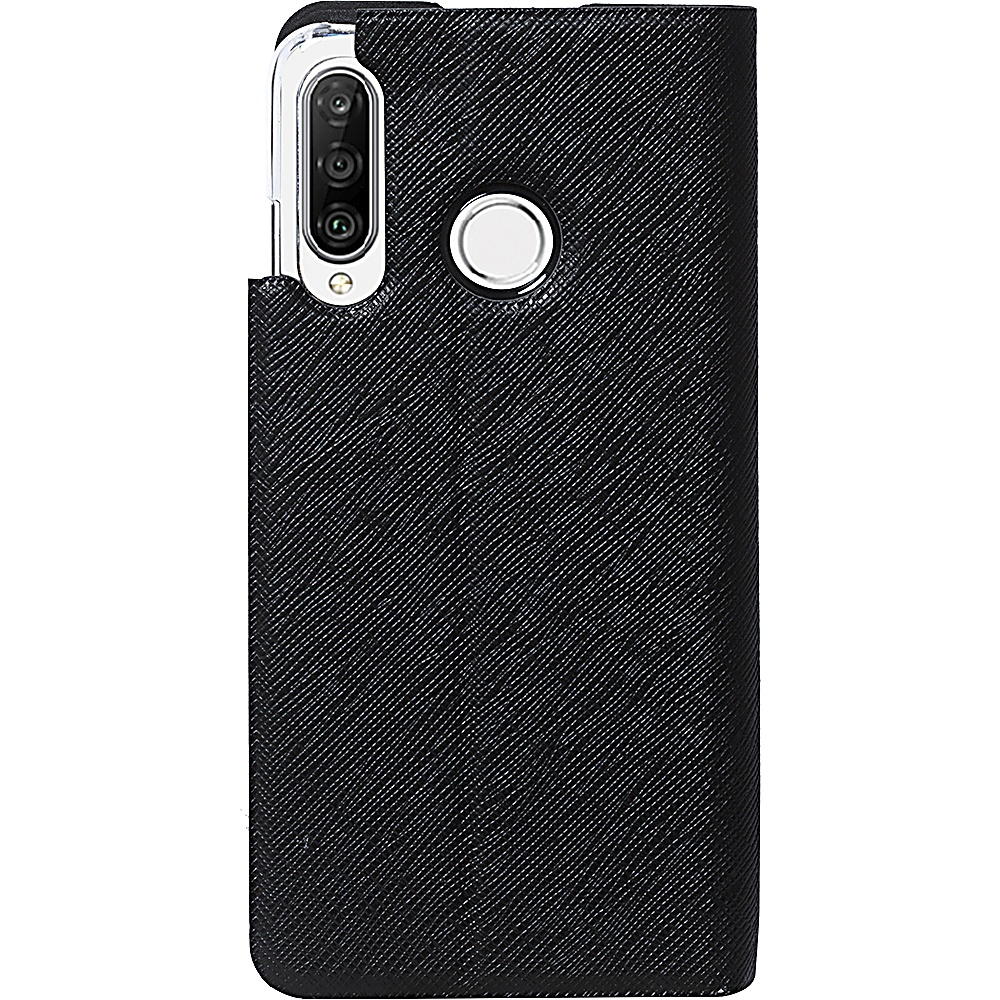 Custodia nera per telefono con ritaglio per la fotocamera. La custodia ha una superficie strutturata e copre il retro.