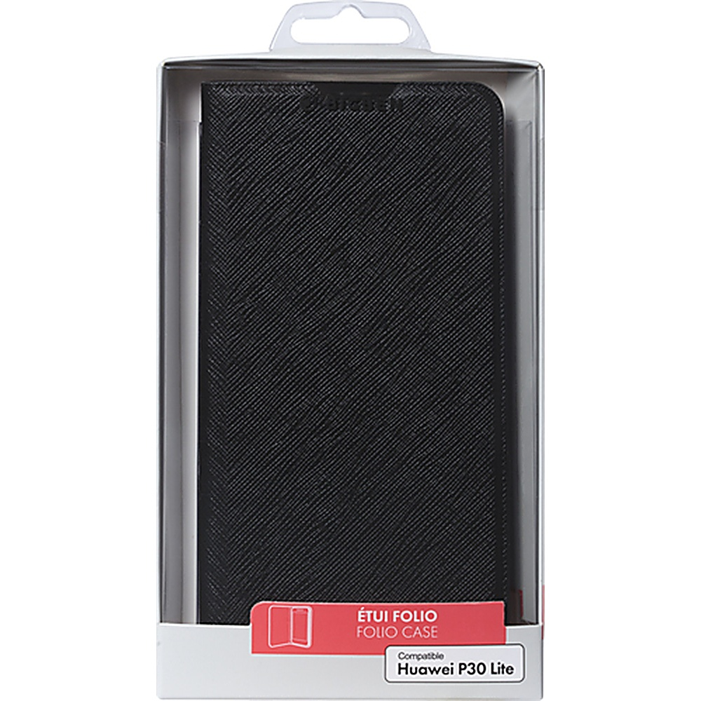 Custodia a libro nera in una scatola di plastica trasparente. La custodia è etichettata 'ETUI FOLIO CASE' per Huawei P30 Lite.