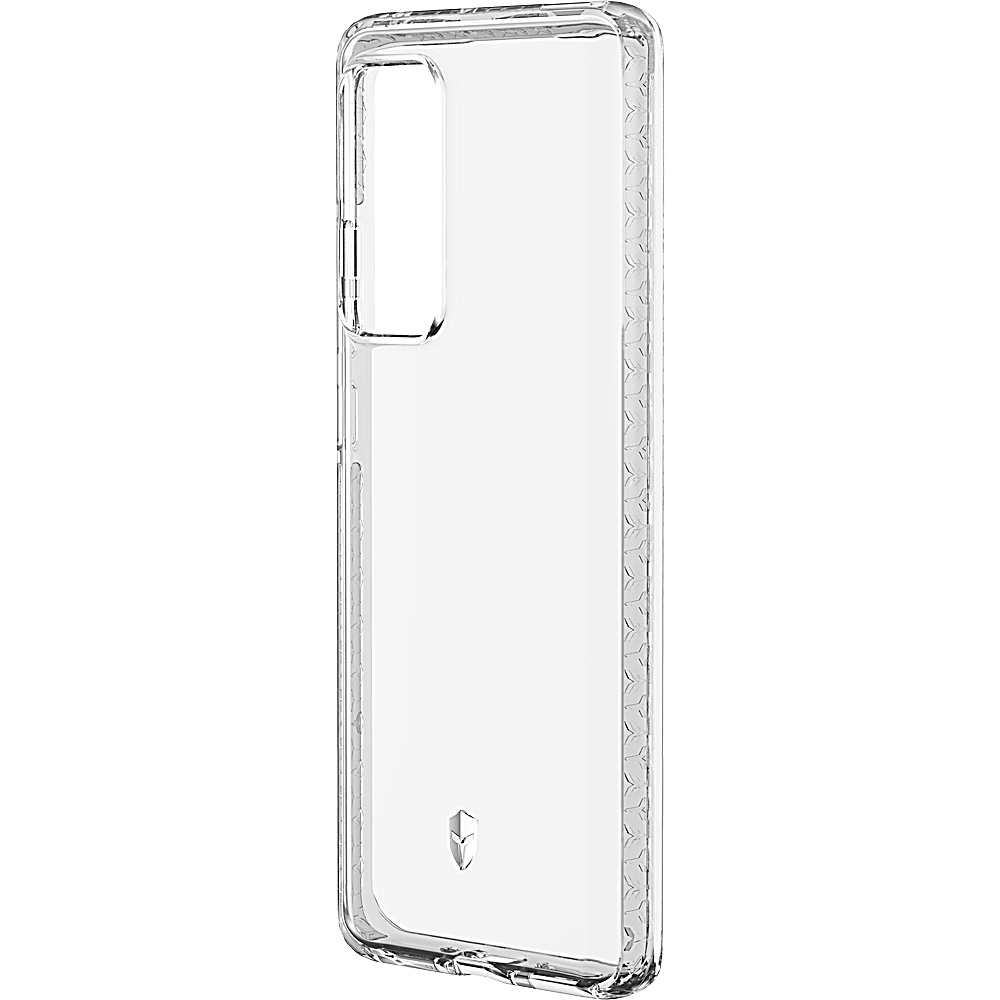 Custodia trasparente per telefono. La custodia è trasparente e ha un ritaglio per la fotocamera. Il marchio è visibile.