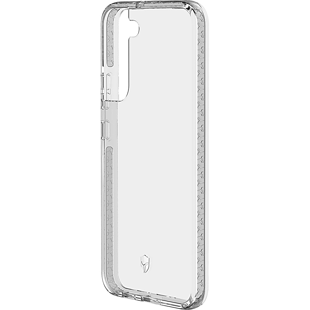 Una custodia trasparente per telefono su sfondo bianco, con un design sui bordi.