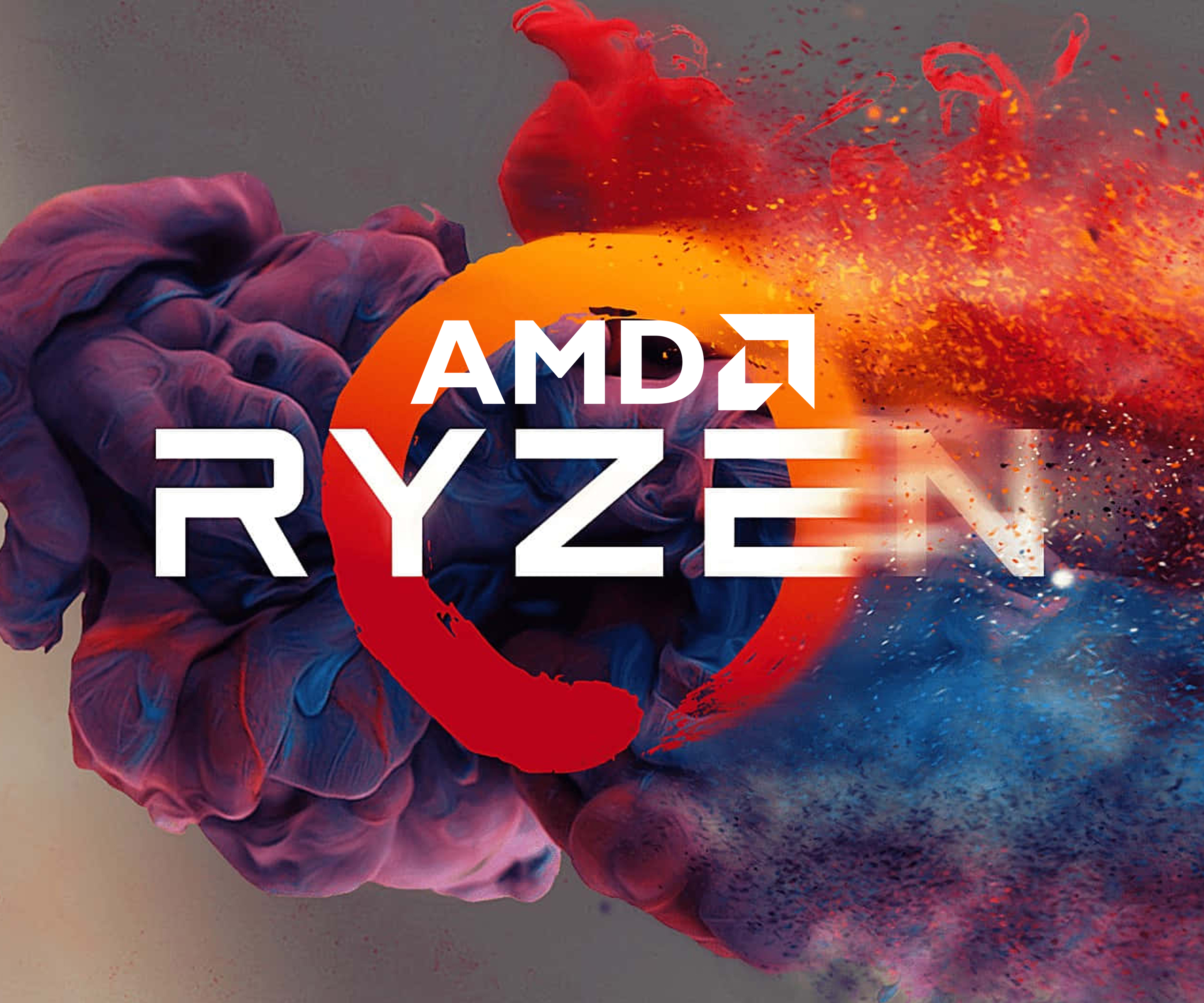 Logo AMD Ryzen na kolorowym dymie. Czerwony i pomarańczowy, z niebieskim i fioletowym.