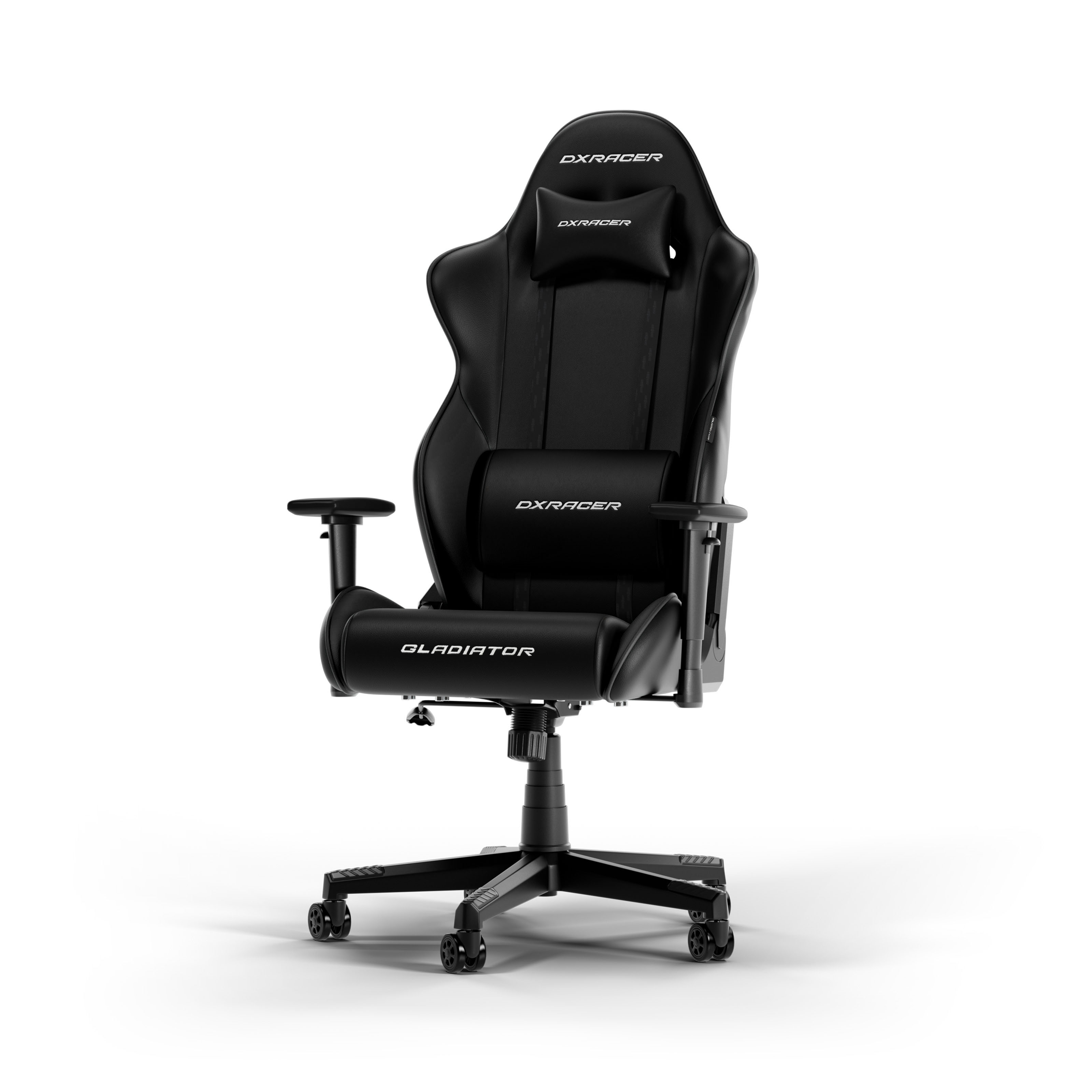 Schwarzer DXRACER Gladiator Gaming-Stuhl. Ergonomisches Design, mit Kopf- und Lendenwirbelstütze.