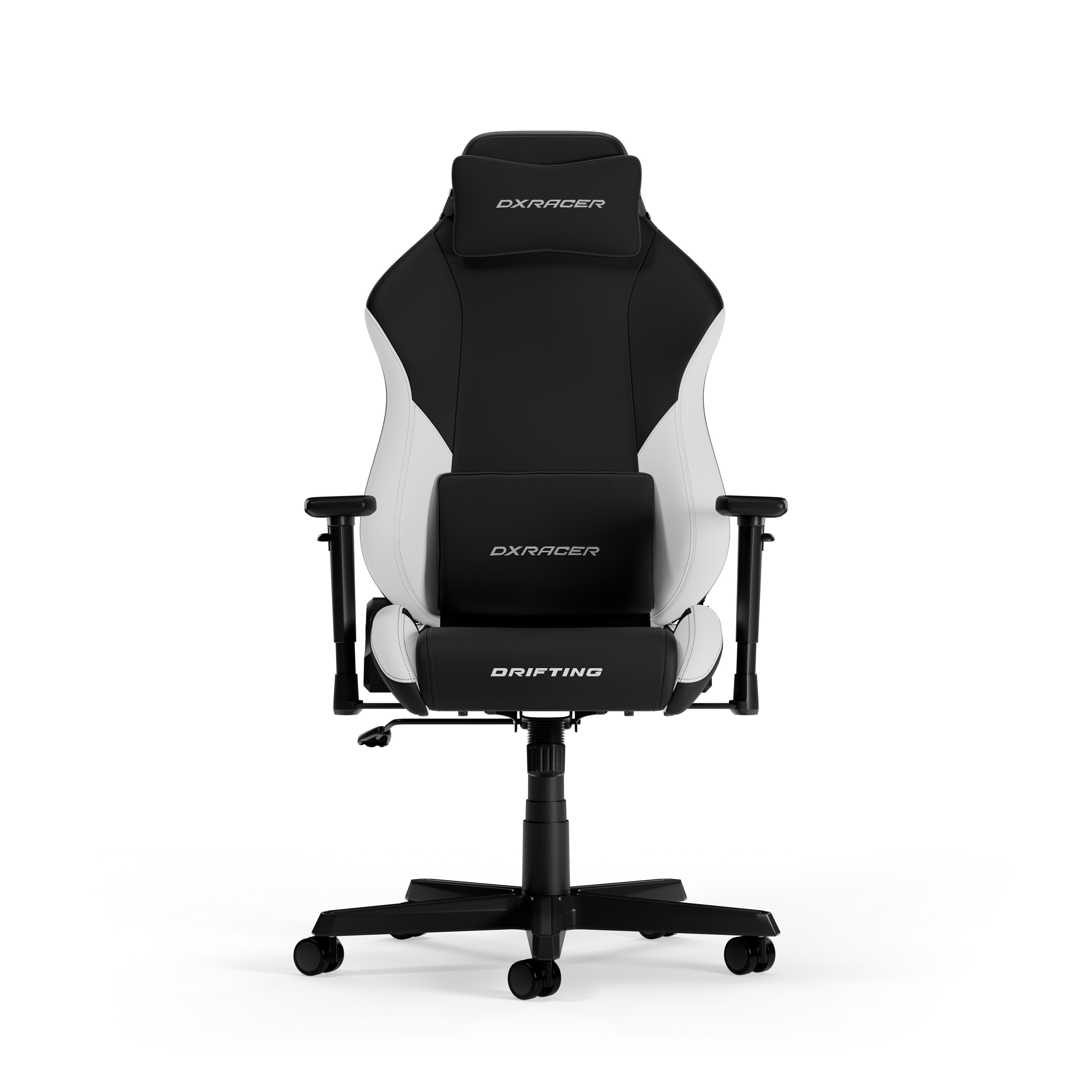 Gaming-Stuhl mit weißer und schwarzer Farbe. Weißer Hintergrund.