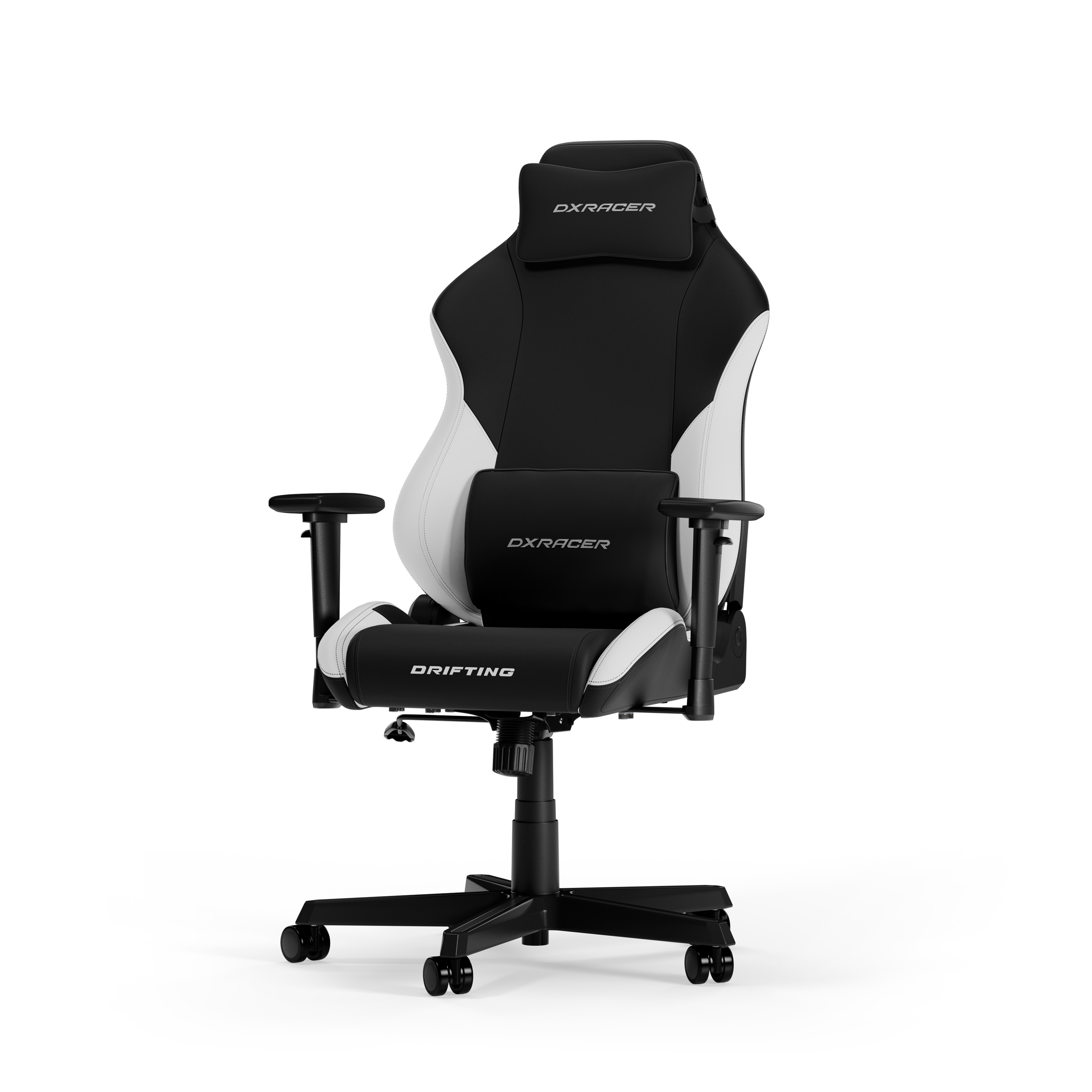 Schwarz-weißer Gaming-Stuhl. Er hat eine Kopfstütze und Lendenwirbelstütze.