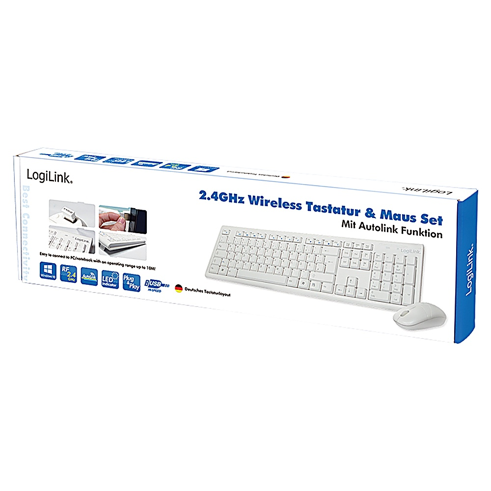 Biały bezprzewodowy zestaw klawiatura i mysz w pudełku. Widoczna klawiatura i mysz.