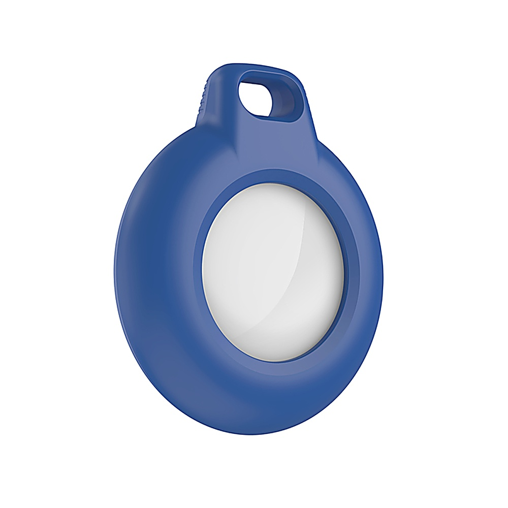 Niebieski uchwyt AirTag na białym tle. Uchwyt jest okrągły i ma biały środek.