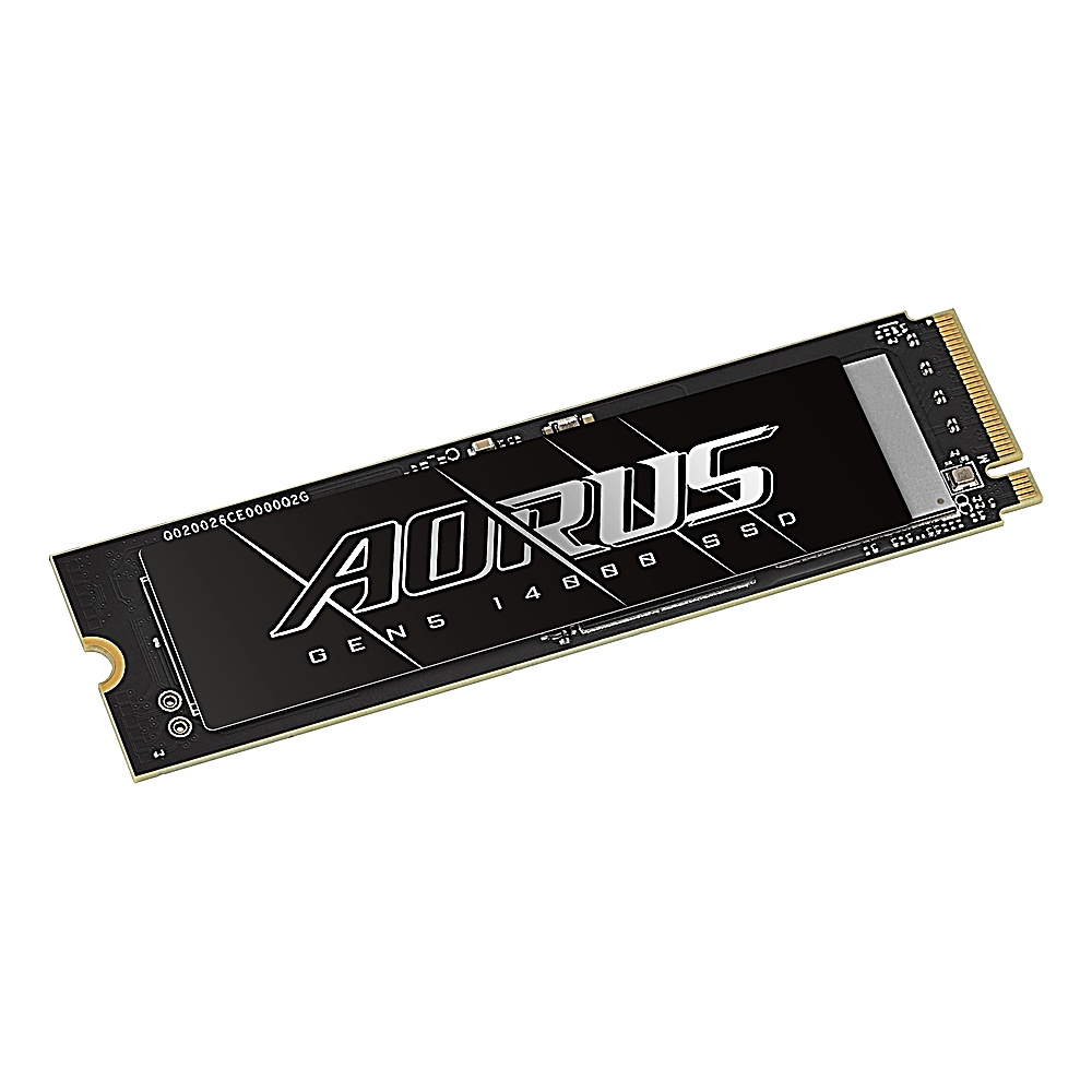 Scheda SSD AORUS Gen 5 14898 nera su sfondo bianco. Logo AORUS visibile.