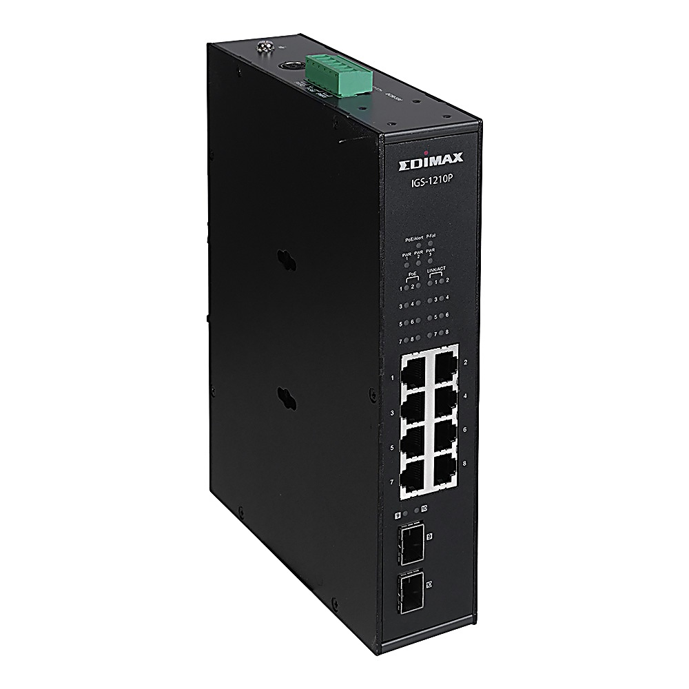 Dispositivo switch di rete nero con otto porte e indicatori LED. Logo DIMAX visibile.