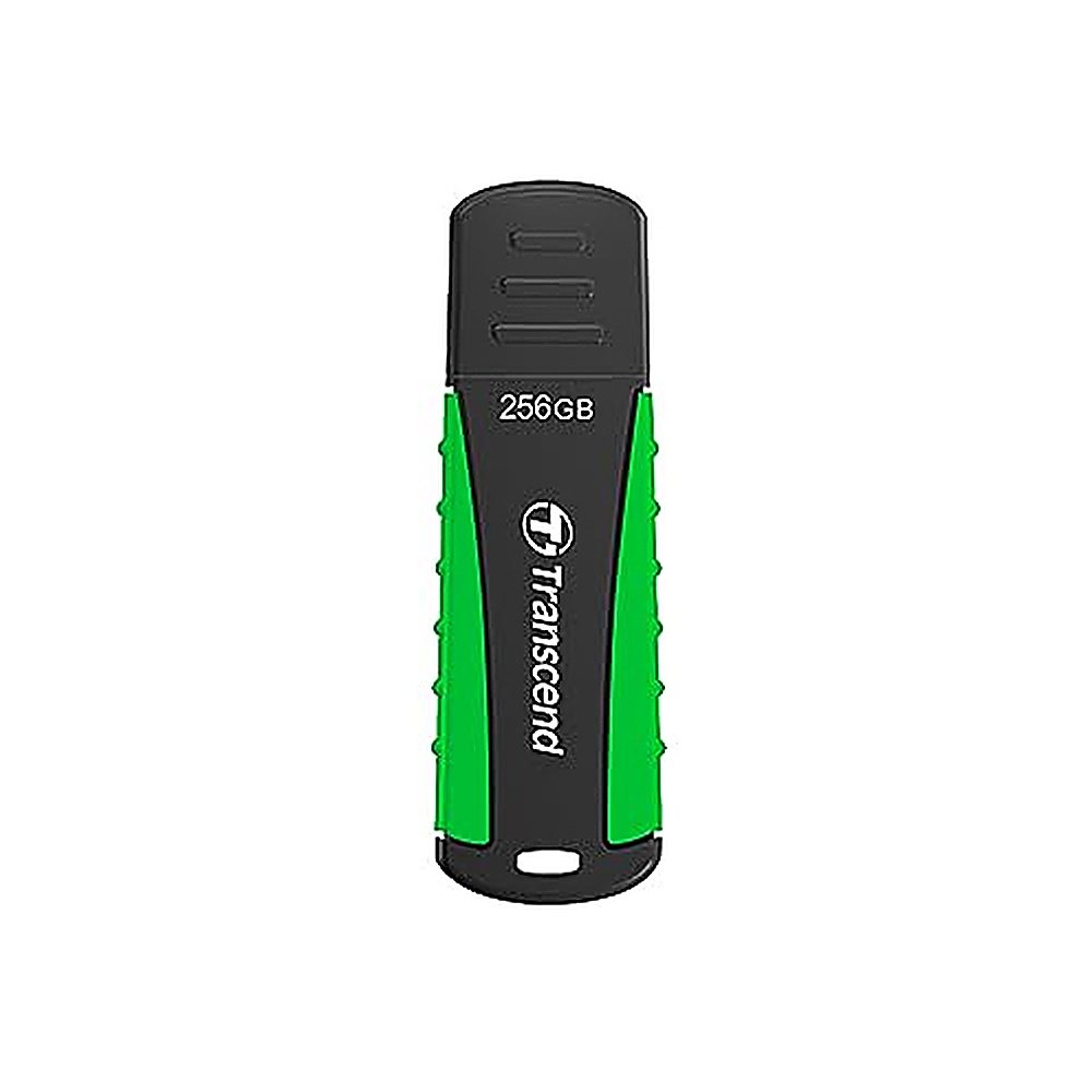 Czarno-zielony pendrive USB. Pendrive ma nadrukowaną nazwę marki „Transcend”.