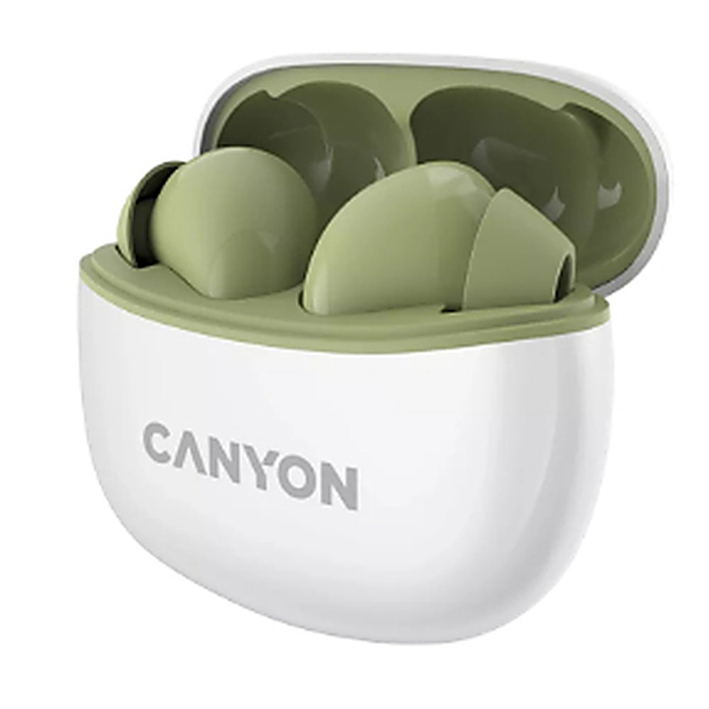 Białe i zielone słuchawki Canyon w otwartym etui. Etui ma logo Canyon.