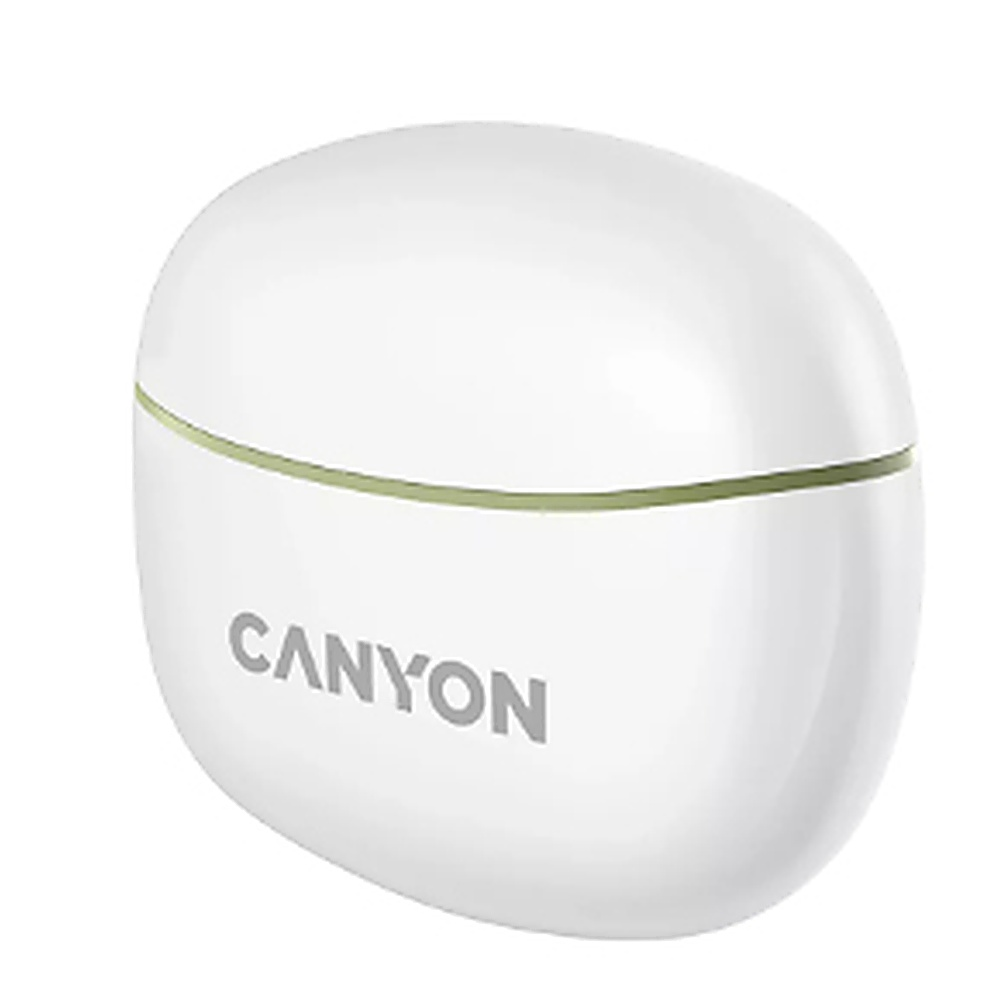 Białe etui ładujące Canyon na słuchawki z logo Canyon.