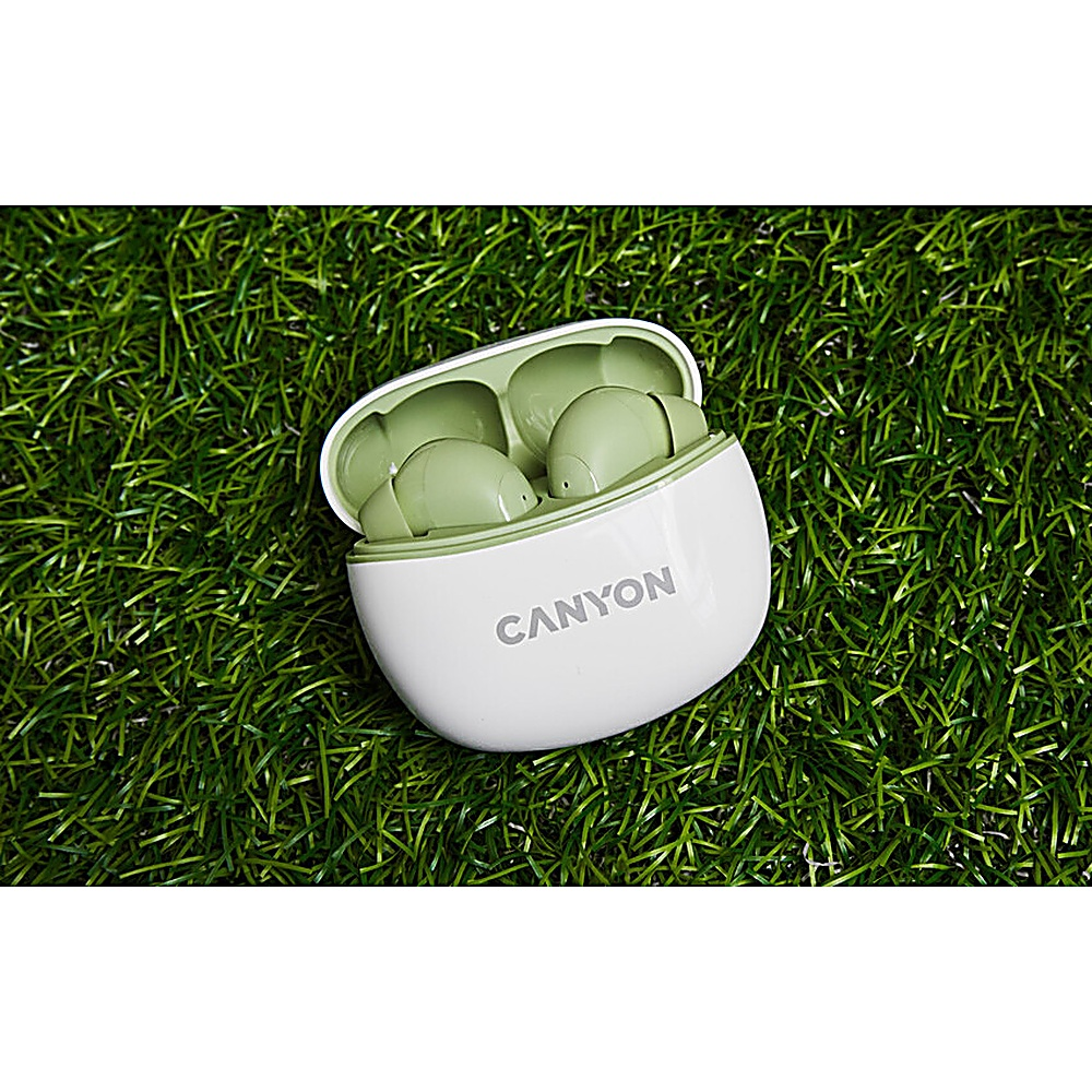 Białe i zielone słuchawki Canyon w otwartym etui, na zielonej trawie. Etui ma logo Canyon.
