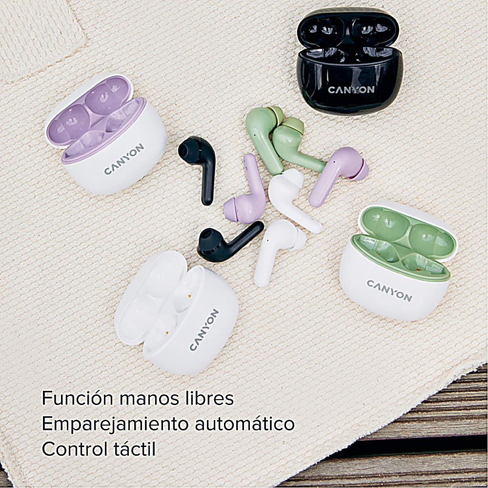 Różne słuchawki i etui Canyon na jasnobeżowej powierzchni. Obecny jest również tekst w języku hiszpańskim.