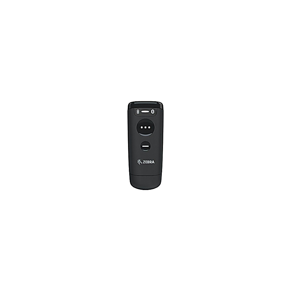 Piccolo scanner di codici a barre Zebra nero su bianco. Ha pulsanti e il logo Zebra.