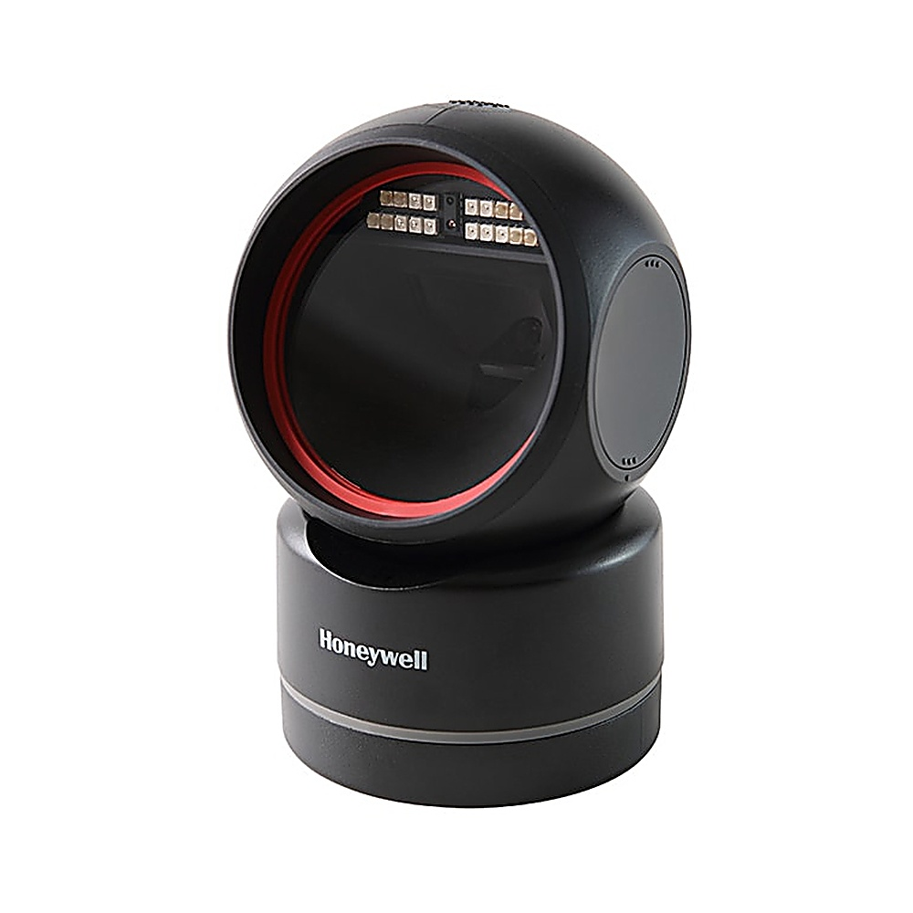 Scanner Honeywell nero. Anello rosso. Sfondo bianco. Vista dall'alto.