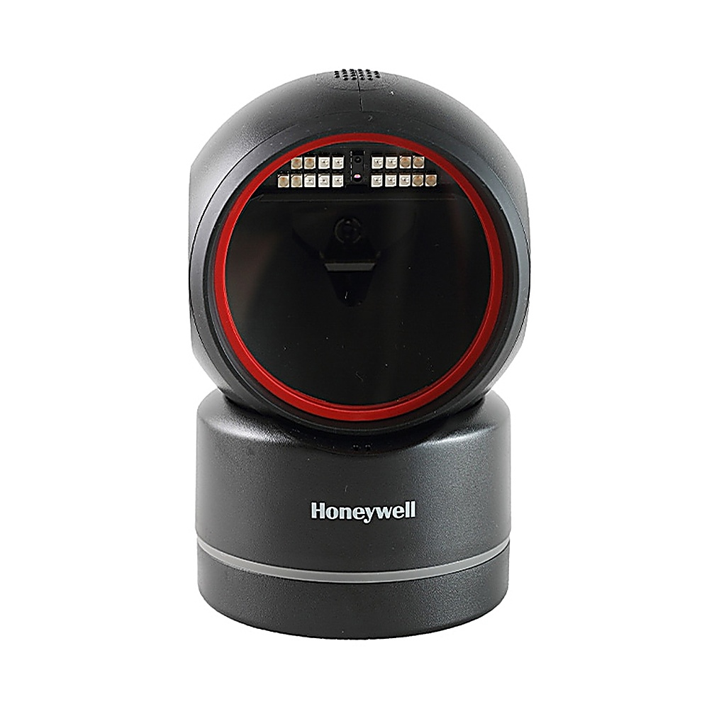 Scanner Honeywell nero con anello rosso su bianco. È su sfondo bianco.