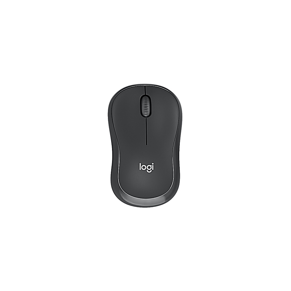 Dunkelgraue Logitech-Maus. Weißer Hintergrund.