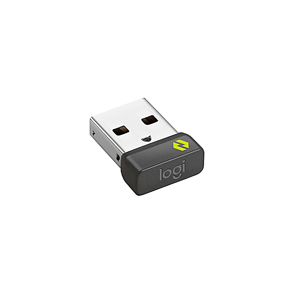 Logitech USB-Empfänger, schwarz und grau. Weißer Hintergrund.