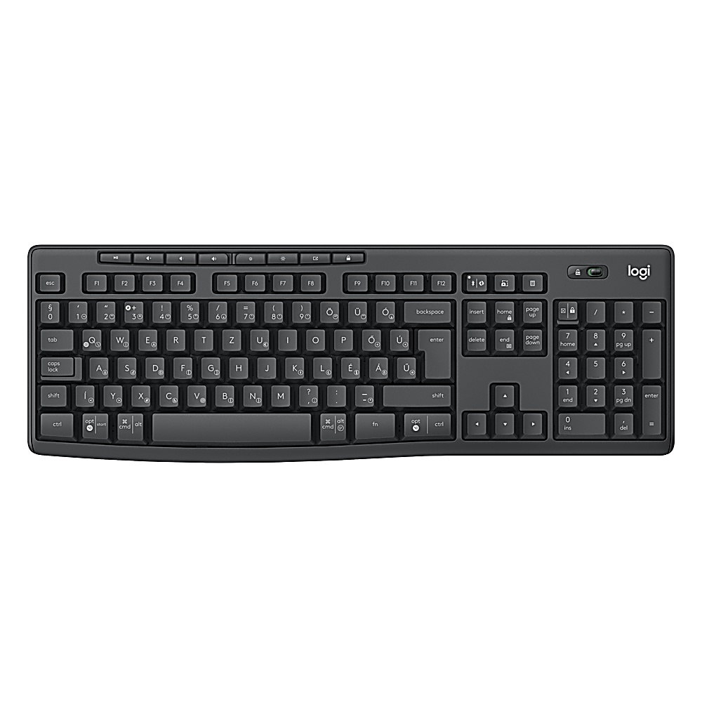 Schwarze Logitech-Tastatur. Weißer Hintergrund.