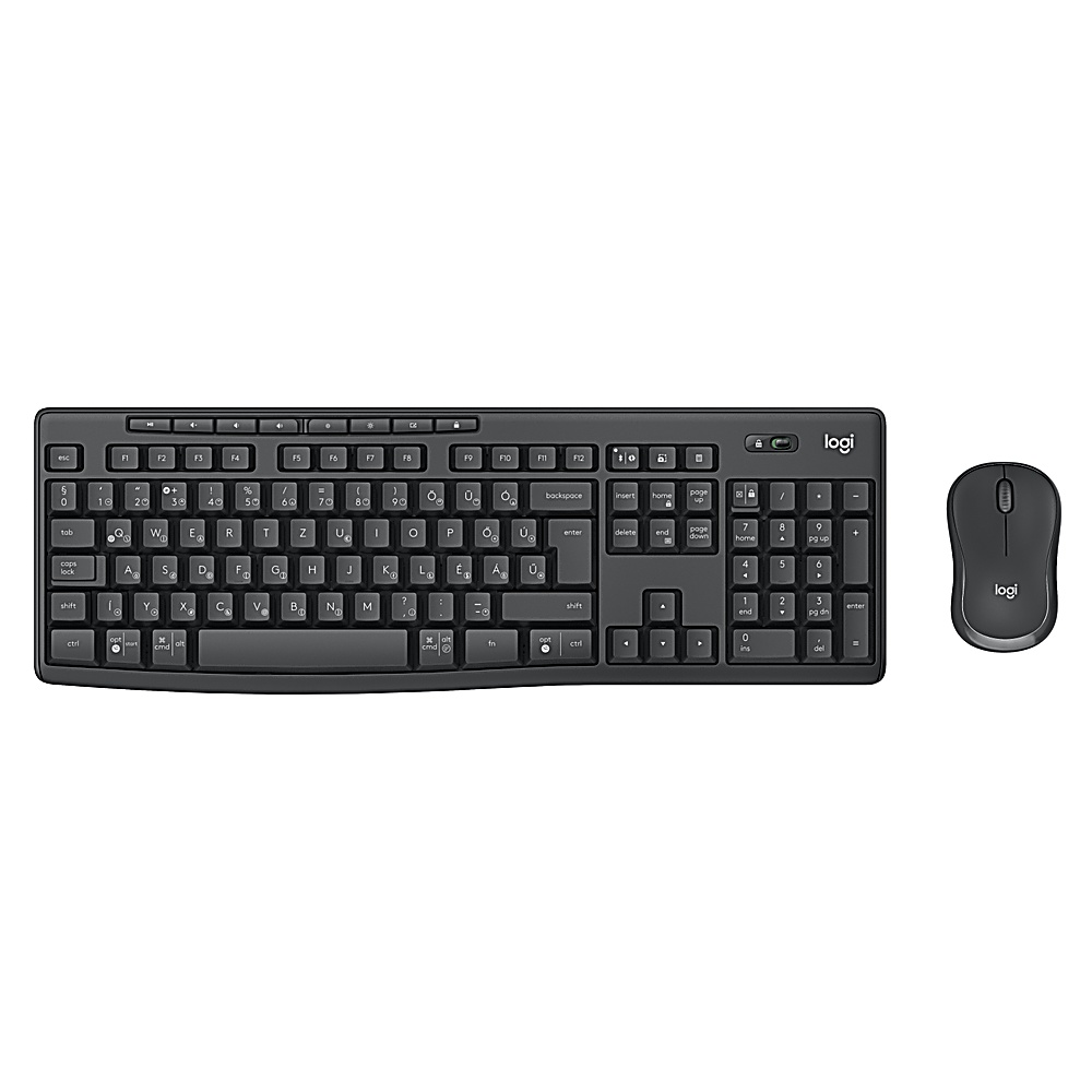 Schwarze Logitech-Tastatur und -Maus. Weißer Hintergrund.