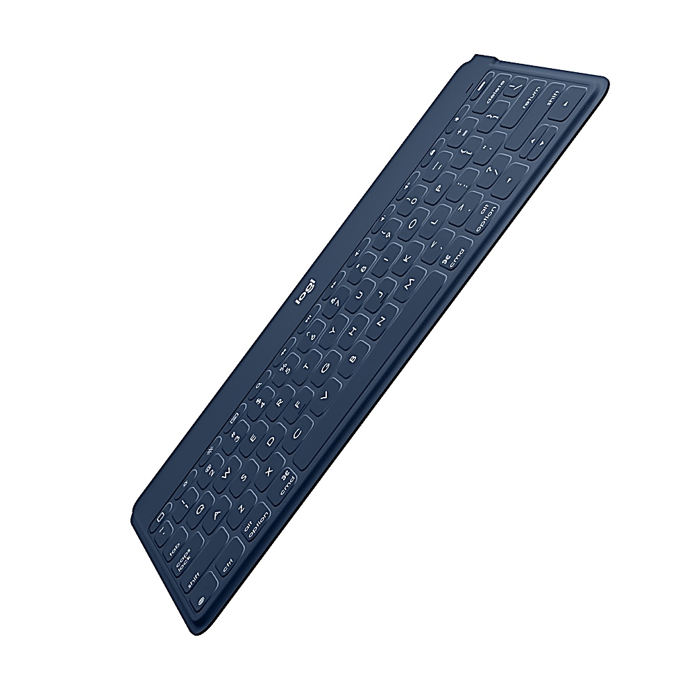 Tastiera wireless blu scuro su sfondo bianco.