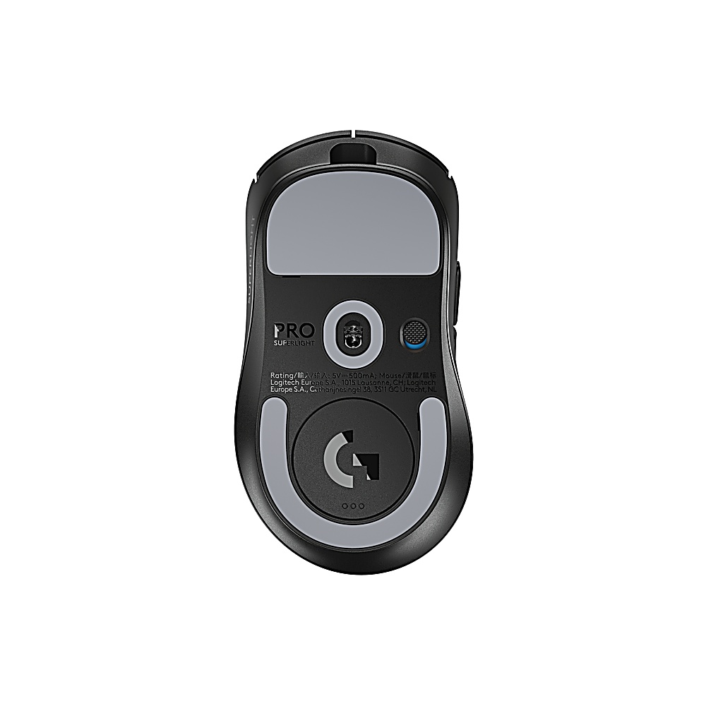 Spód czarnej myszy. Ma dwie szare podkładki, logo i napis 'PRO SUPERLIGHT'.