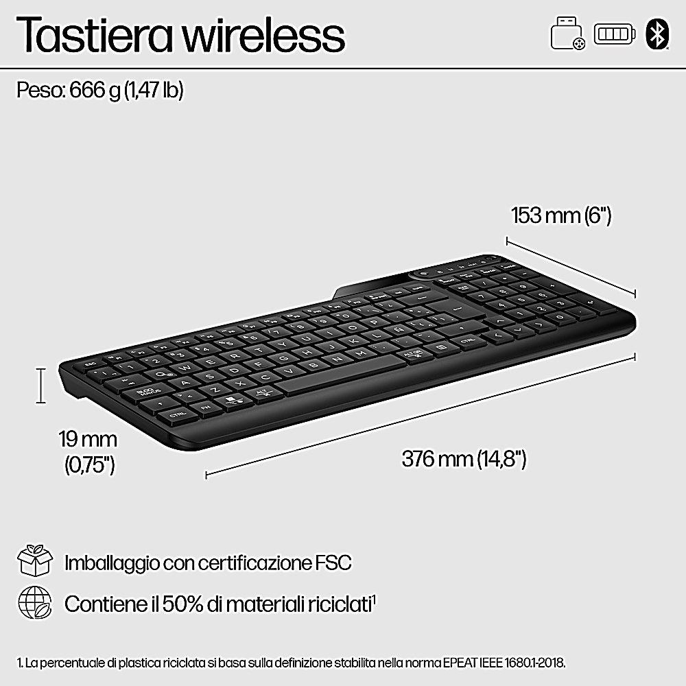 Tastiera wireless nera con tasti, misure e informazioni sul prodotto.