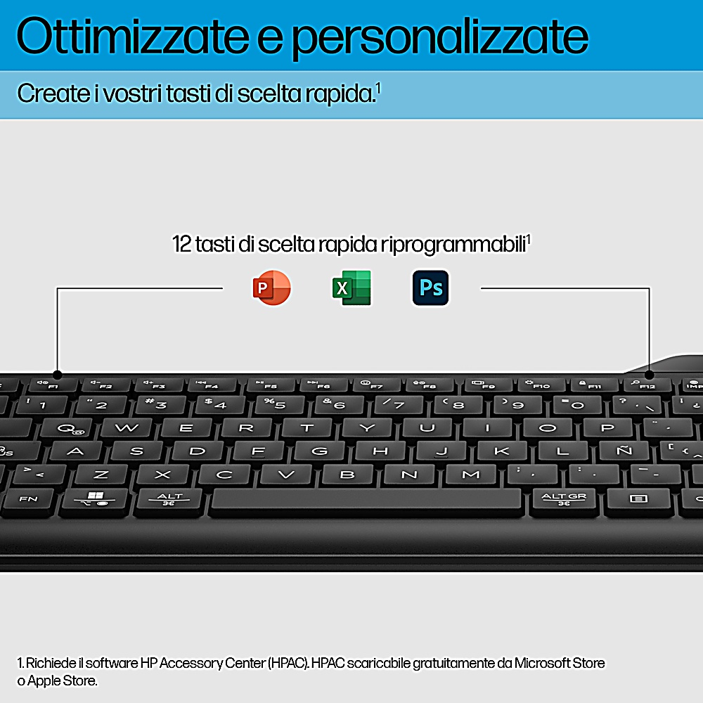 Primo piano di una tastiera. Il testo sopra mostra 'Ottimizzate e personalizzate'. La tastiera ha tasti personalizzabili.