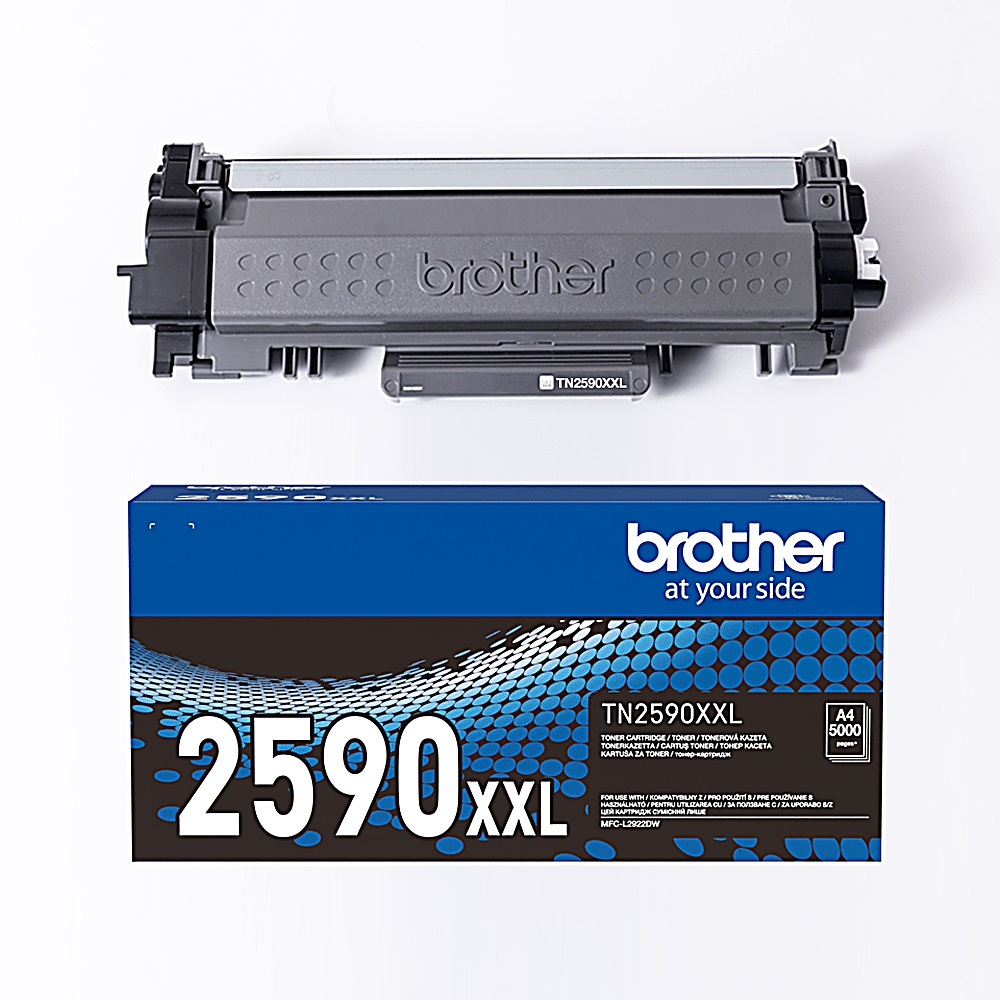 Cartuccia toner e scatola per stampante Brother. La scatola è blu e bianca. La cartuccia è grigia.