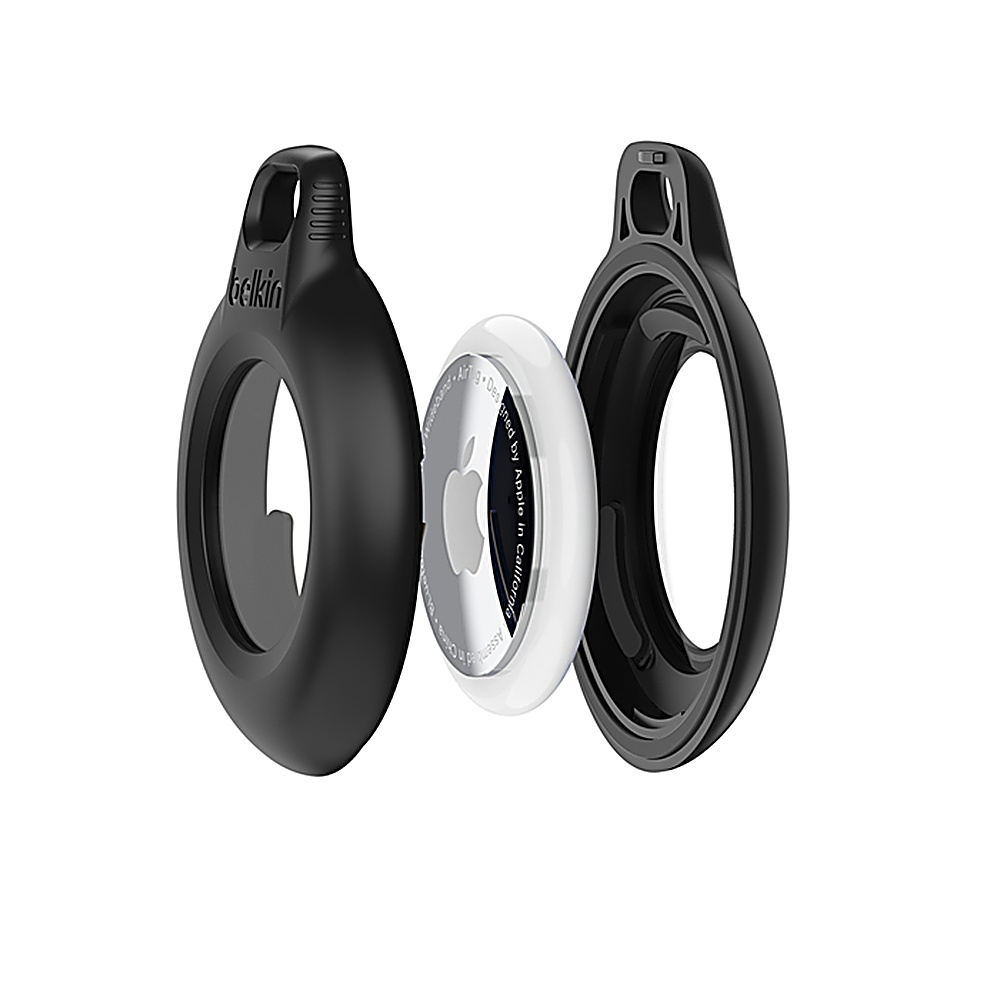 Czarny futerał Belkin AirTag, biały AirTag i komponenty. Białe tło.