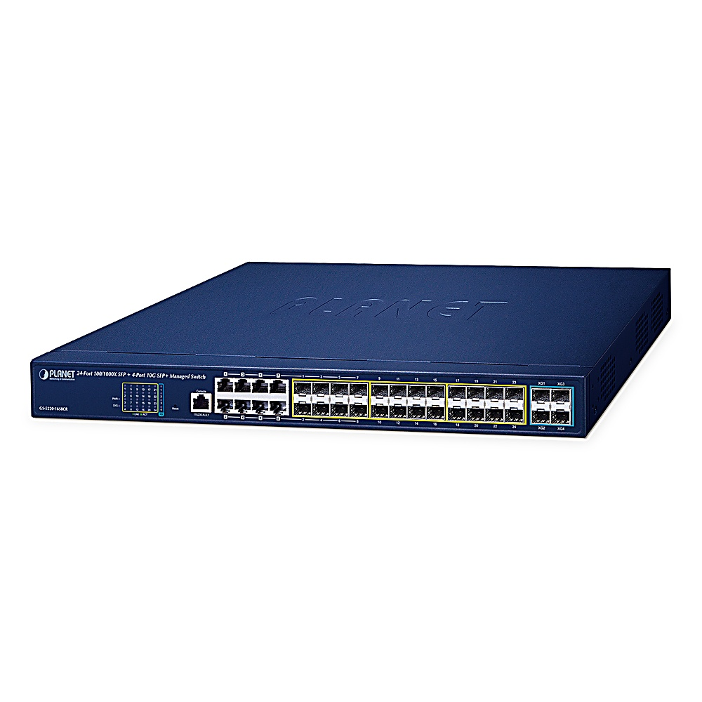 Uno switch di rete blu con molte porte ed etichette. Il pannello frontale ha porte di connessione e indicatori.