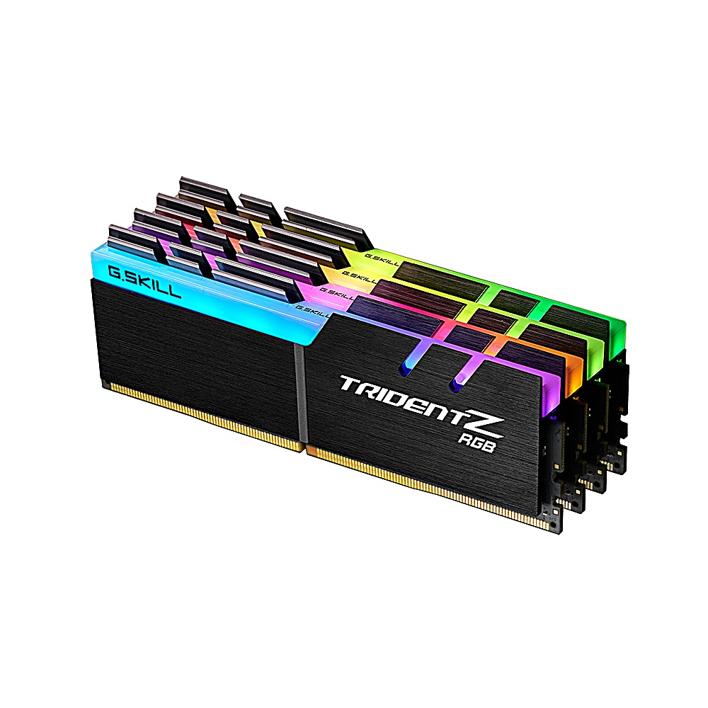 Kość RAM z podświetleniem RGB. Czarny radiator z logo Trident Z RGB.