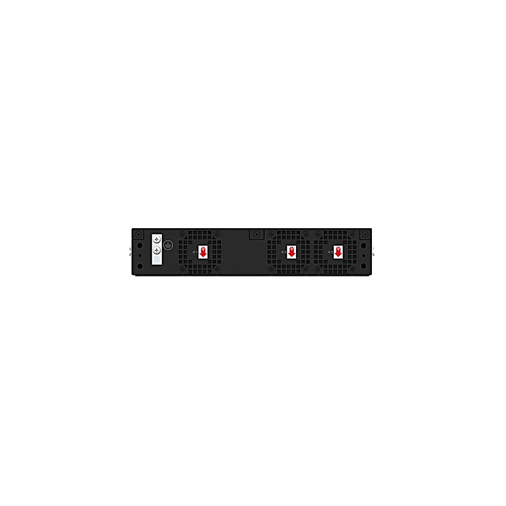 Server rack nero con tre ventole, frecce rosse indicano la direzione.