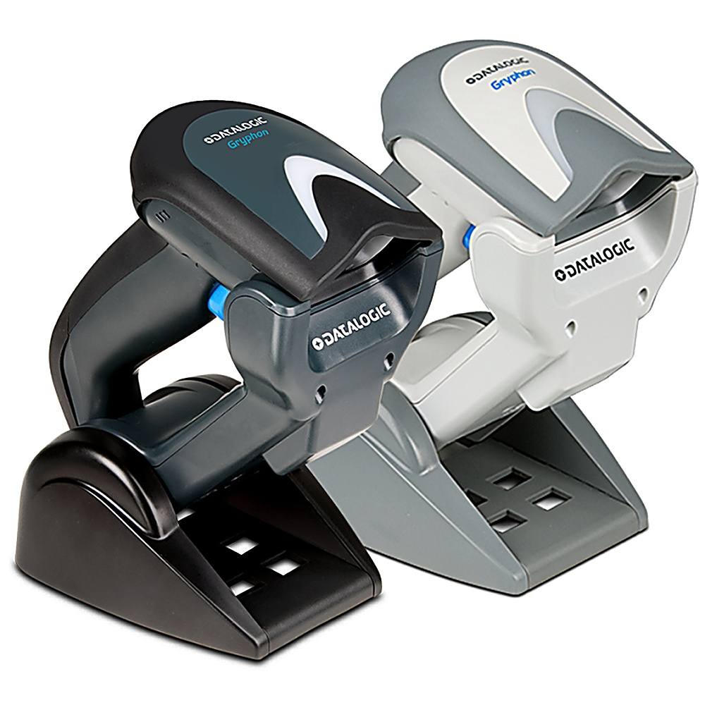 Due scanner di codici a barre neri e grigi su supporti. Sfondo bianco. Marchio Datalogic Gryphon.