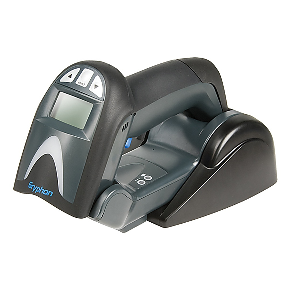 Scanner di codici a barre nero con base su sfondo bianco. Dotato di schermo e pulsanti.