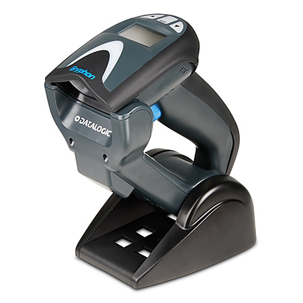 Scanner di codici a barre nero su una base. Inclinato a sinistra. Sfondo bianco.