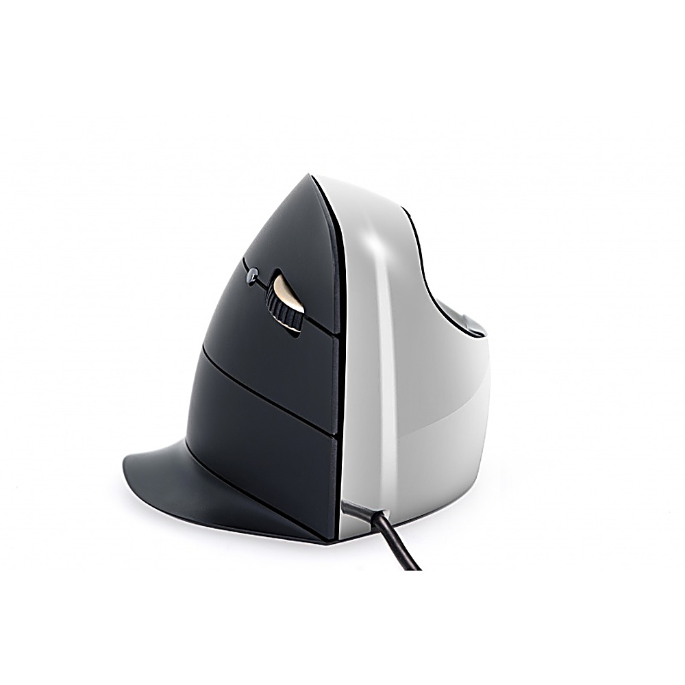 Un mouse verticale ergonomico, nero e grigio, su sfondo bianco.