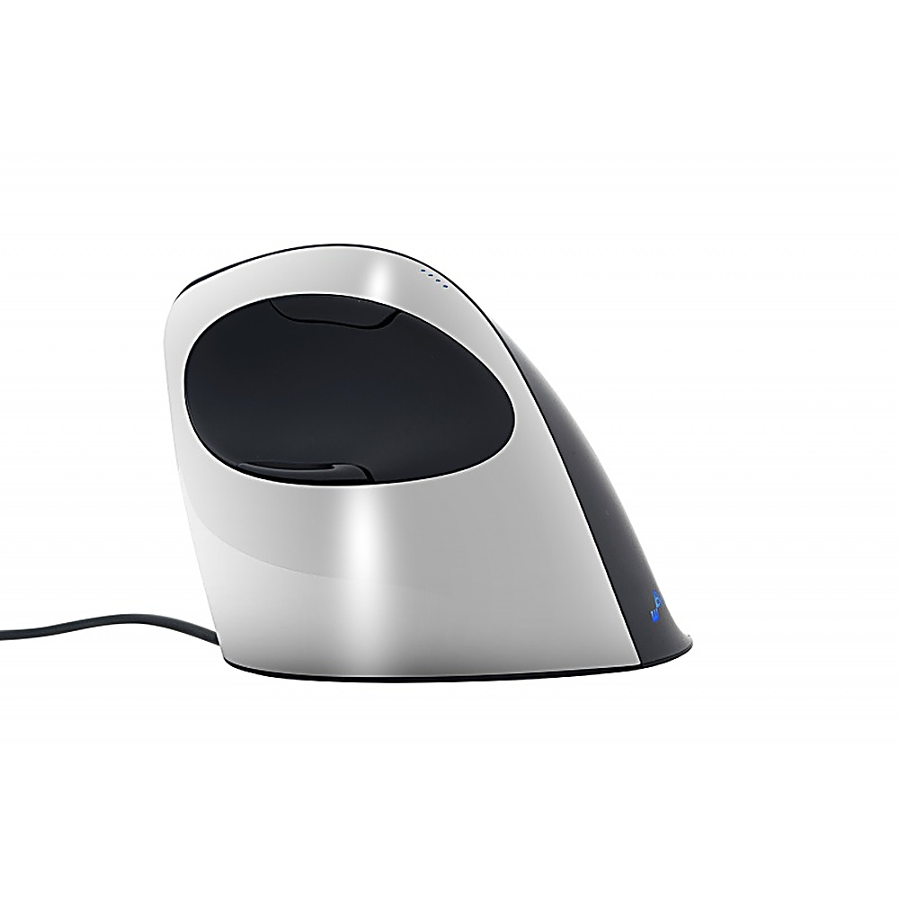 Mouse ergonomico, bianco e nero. Cavo nero. Sfondo bianco.