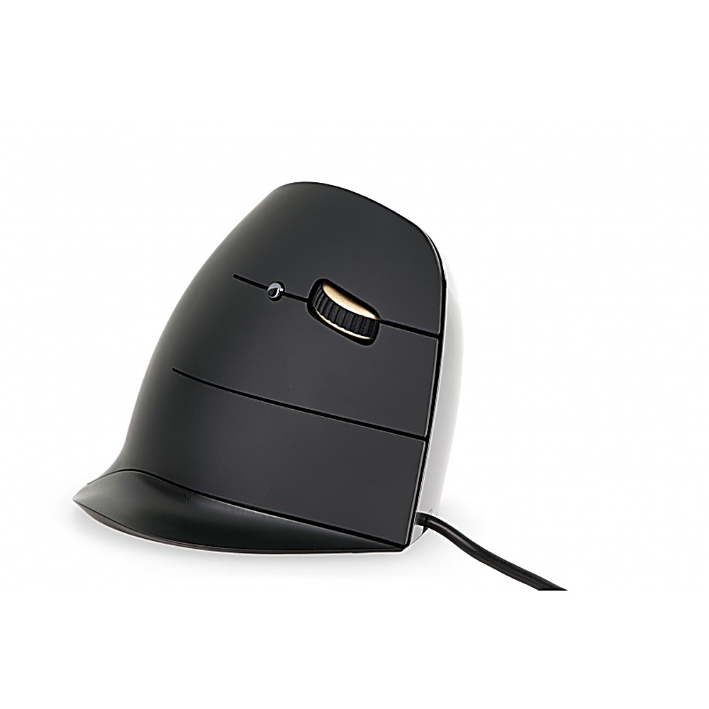 Mouse ergonomico verticale nero con rotella dorata. Design angolato su sfondo bianco.