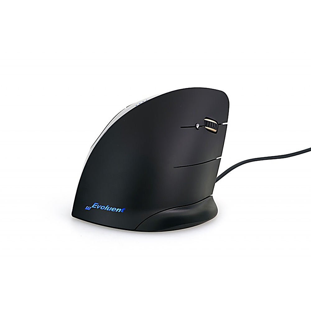 Mouse ergonomico nero con logo Evoluent. Lato sinistro bianco.