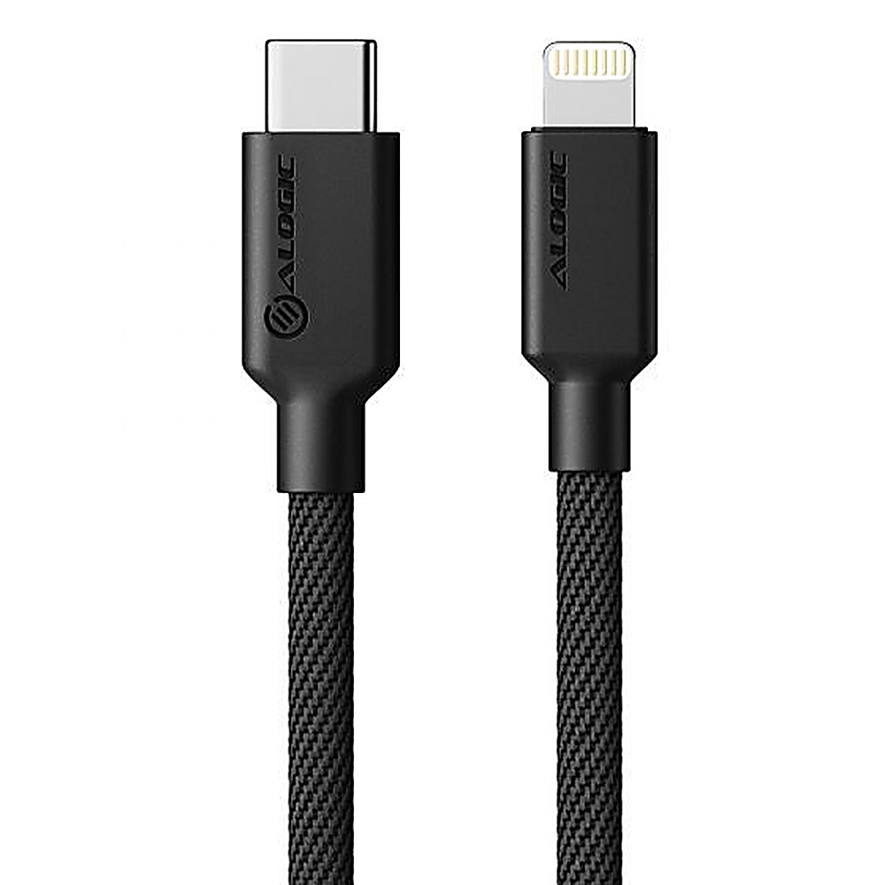 Cavo da USB-C a Lightning nero. Entrambe le estremità sono nere, con cavo intrecciato.