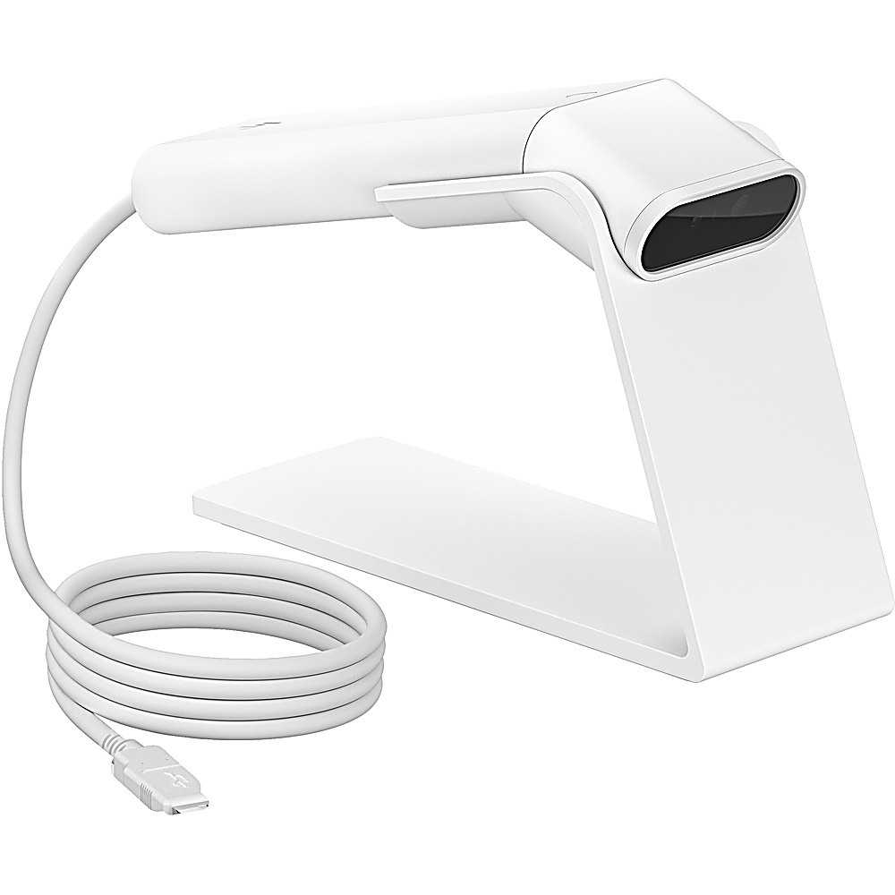 Scanner di codici a barre bianco su un supporto. Cavo USB collegato, sfondo bianco.