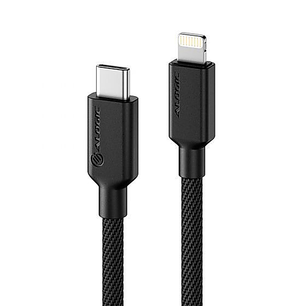 Cavo da USB-C a Lightning nero. Entrambe le estremità sono nere, con cavo intrecciato.